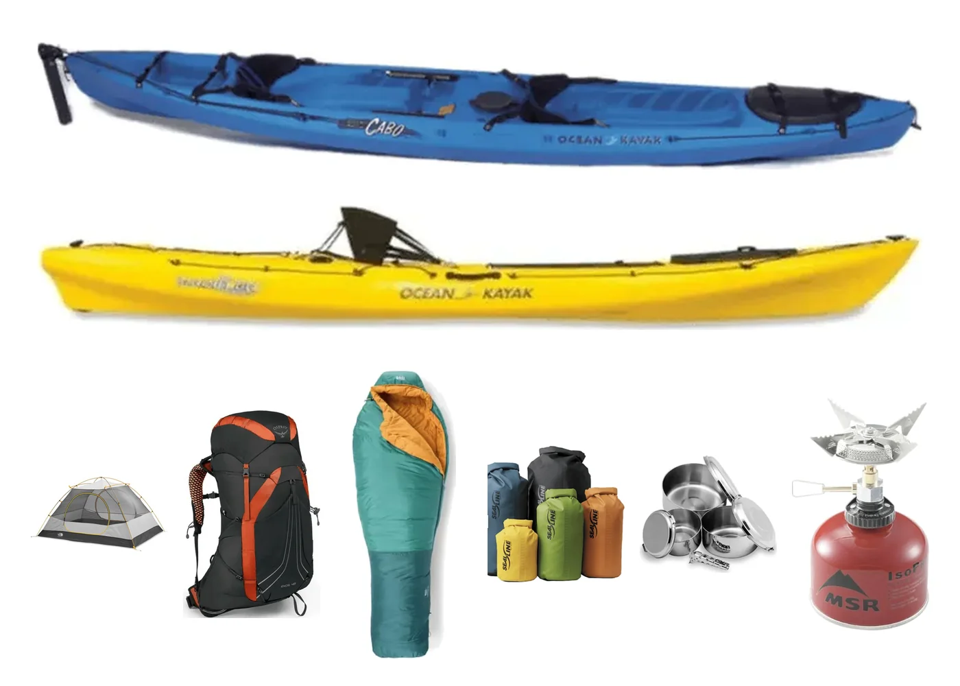 Tandem and single sea kayaks above a row of rental camping gear: tent, pack, sleeping bag, dry bags, mess kit and stove