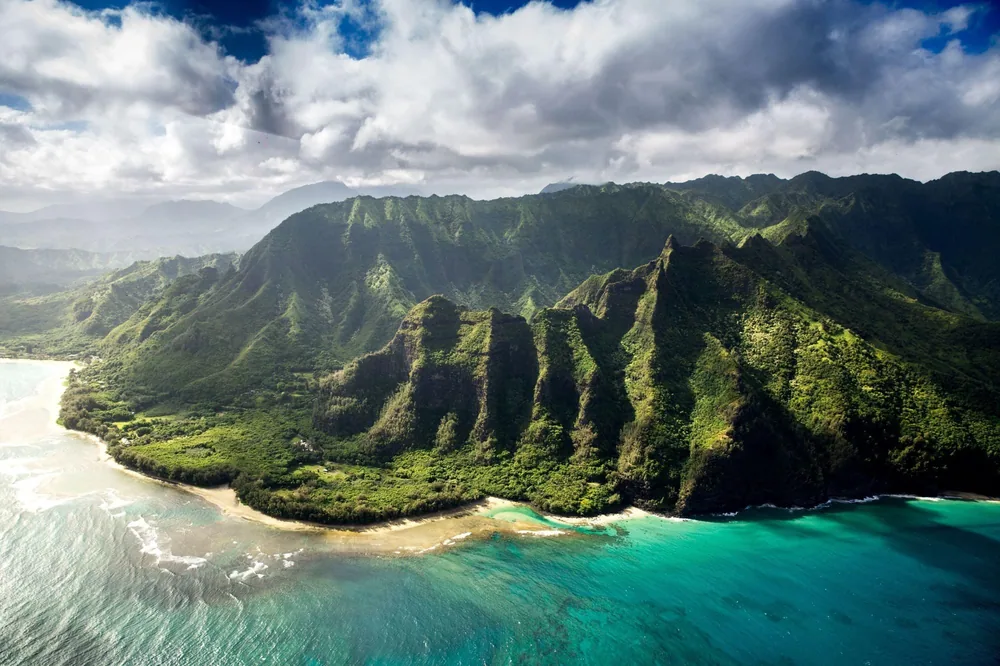 Hā'ena and the Na Pali Coast from the air, where the road ends