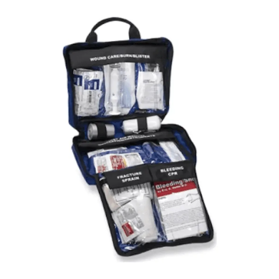 Opened first aid kit with labeled compartments