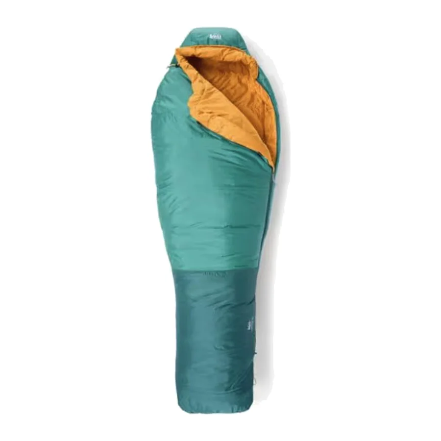 REI Co-op Trailmade mummy sleeping bag, partly unzipped